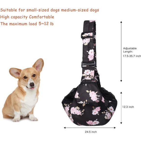 Dog Cat Sling Carrier, Pet Tote Bag Hands Free Adjustable Floral Black Pink - Picture 9 of 16